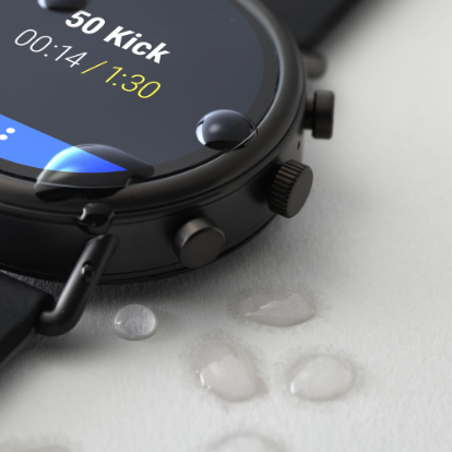 Water droplets bead up on the new swim proof Falster 2 touchscreen smartwatch.